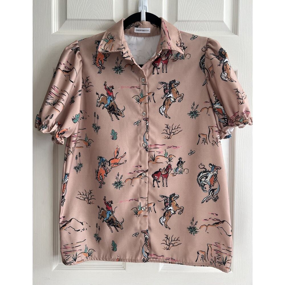 CHERRY BETTY Brown Cowboy Print Western Rockabilly Pin-Up Button Blouse Top Sz S